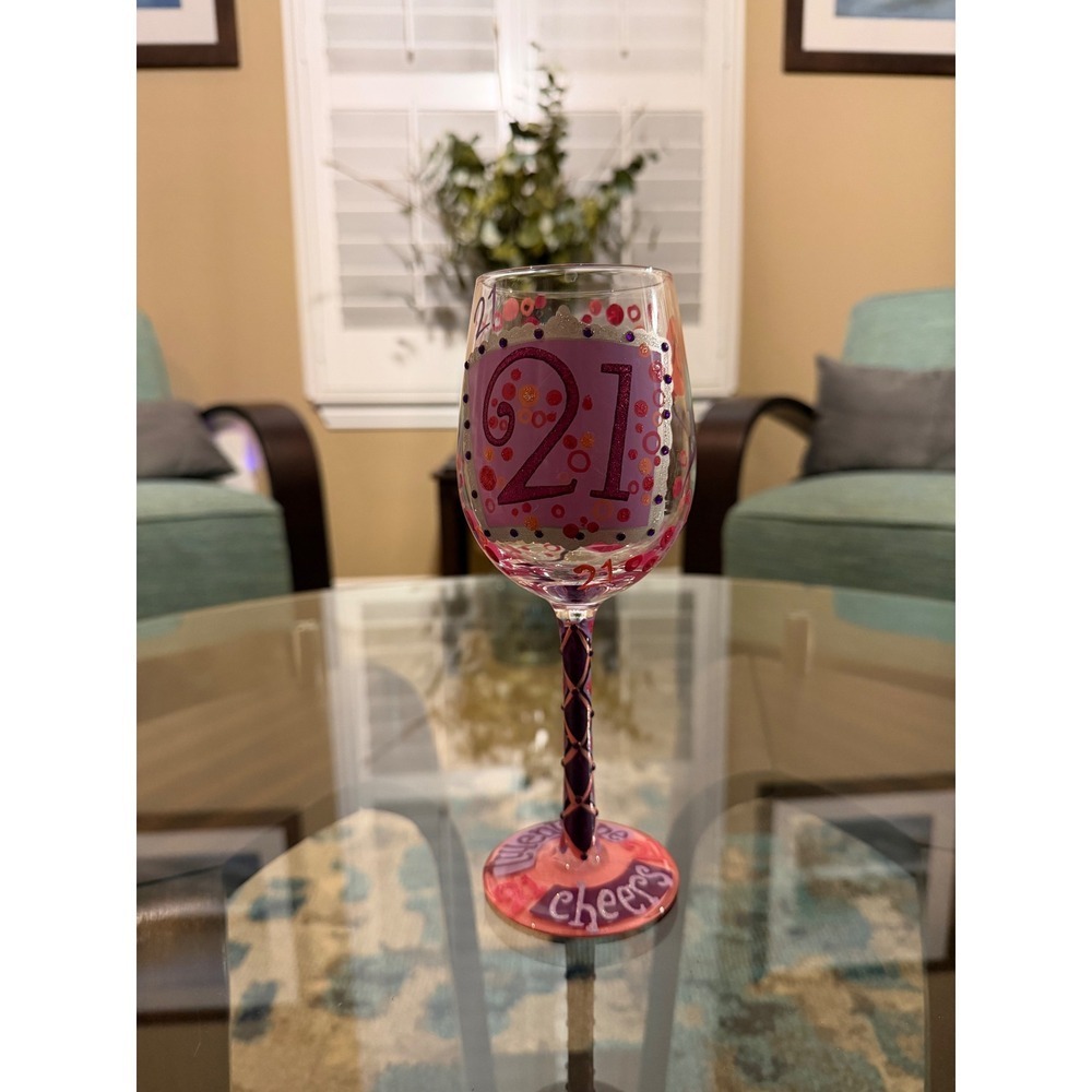 Pink and Purple Hand painted 21st‎ birthday wine glass